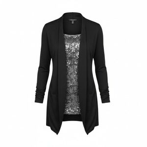 M.S.S.P. Cardigan XL Black Grey Sequin Inset Layered Knit Top
